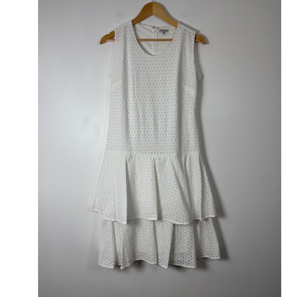 Cottagecore J. Peterman Womens 10 Tiered Eyelet Dress White Cotton Ruffle Skirt